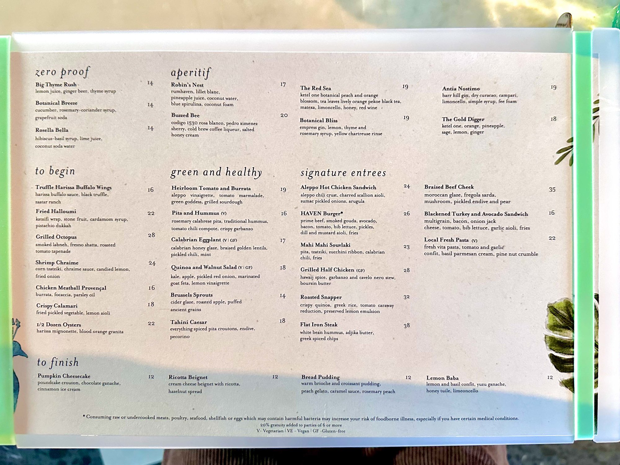 white menu with black text